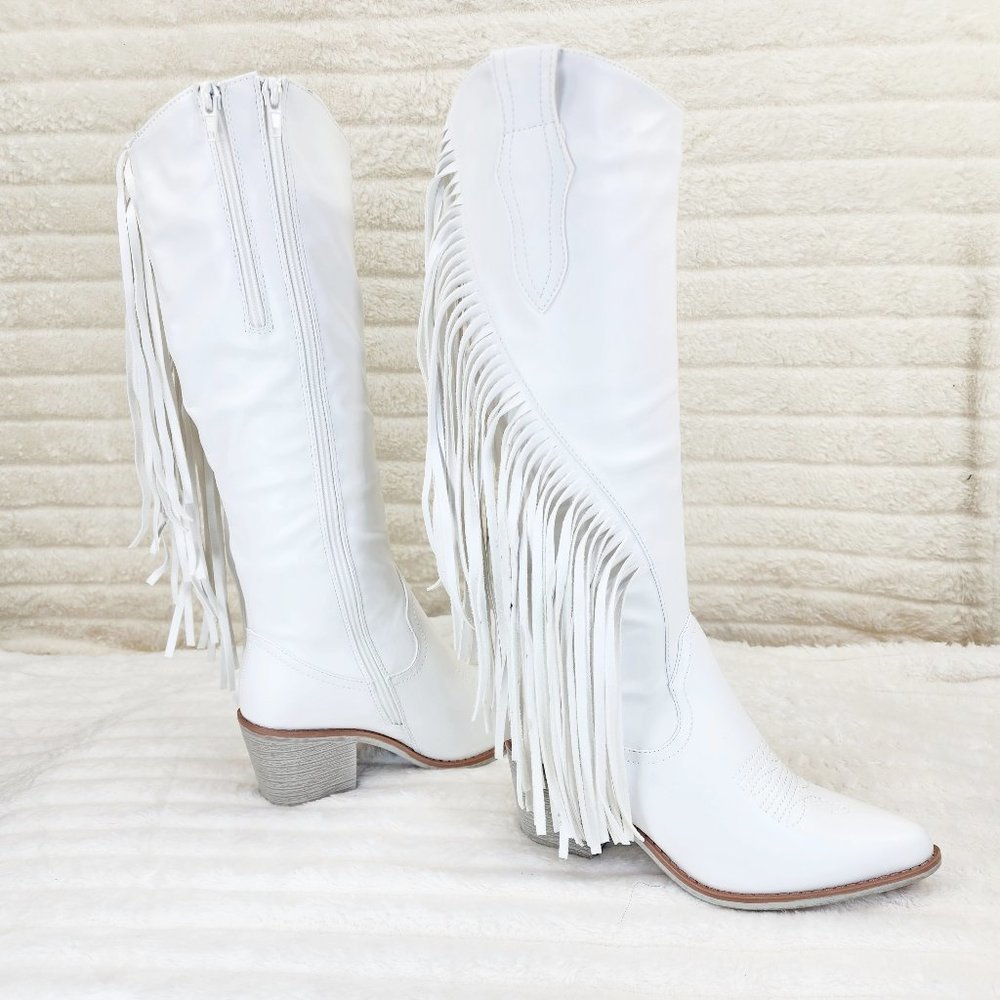 Wild One White Fringe Cowboy Cowgirl Boots Plus Plus size Friendly
